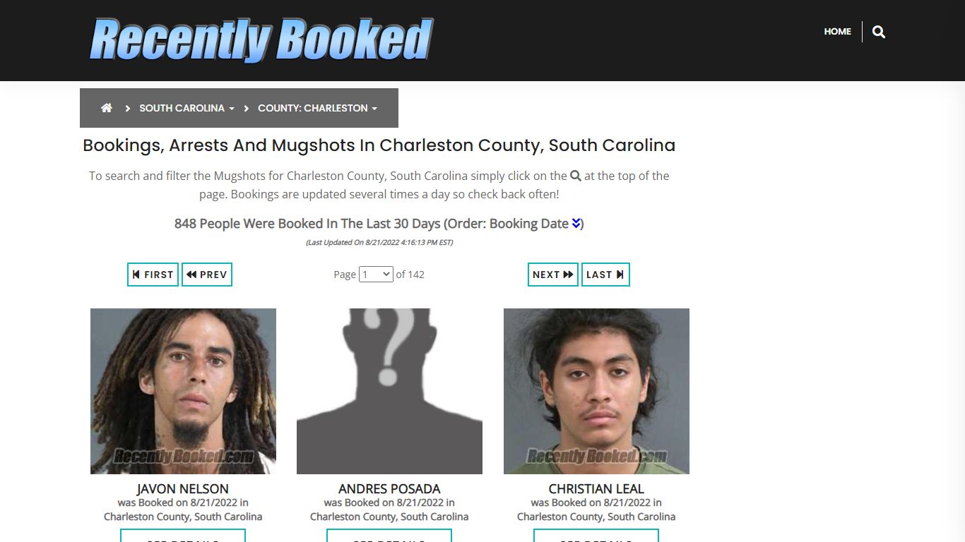 Bookings, Arrests and Mugshots in Charleston County, South Carolina